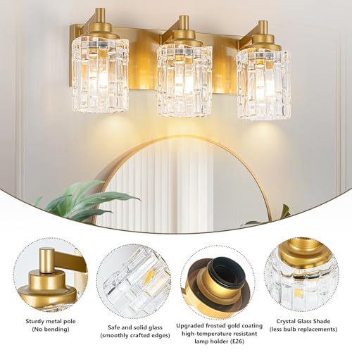 Image of Brushed Gold 3-Light Bathroom Vanity Light with Glass Shade | Luxury Brushed Gold Finish & Sparkling Crystal Glass. Hardwired, Fits E26 Bulbs (Max 60W). Easy to install