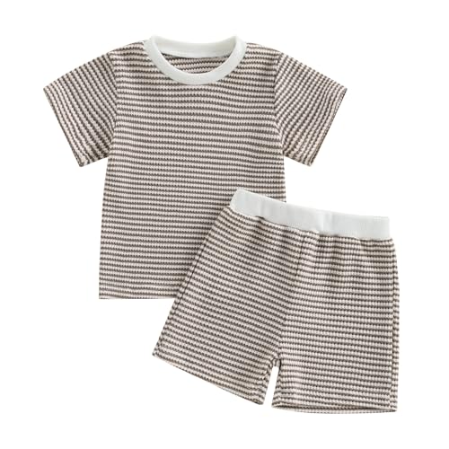 VISGOGO Baby Boy Girls Toddler Summer Outfit Striped T-shirt Toddler Boy Summer Clothes 6 12 18 Months 2 3 4 5 T Short Set (Khaki, 18-24 Months)