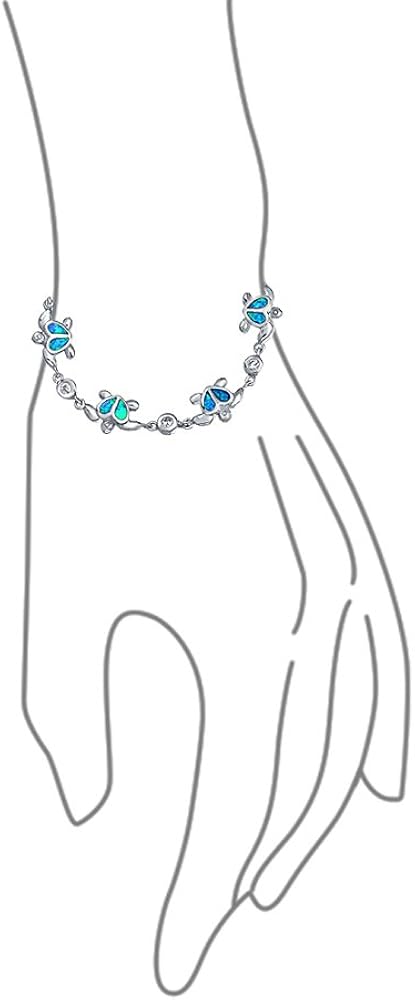 Bling Jewelry Nautical Aquatic Tropical Beach Vacation Iridescent Blue Created Opal Inlay Sea Tortoise CZ Accent Heart Multi Charm Turtles Bracelet For Women Teen .925 Sterling Silver - Image 4