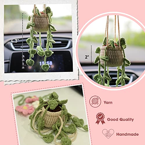 Talataca Succulent Handmade Crochet Car Ornament, Cute Potted Plant, Boho Basket Knitted Rear View Mirror Accessories, Woven Rearview Hanging Charm, Christmas Tree Decor #TOP1