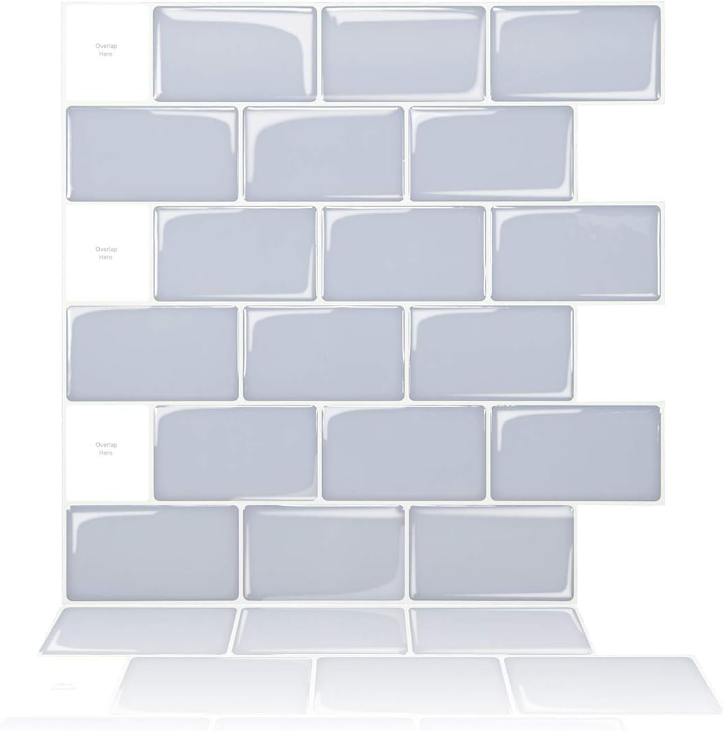 ChicAbode4-Sheet Peel and Stick Backsplash for Kitchen, 12"X12" Peel and Stick Tile, White Subway Design Stick on Tile, Ash Blue