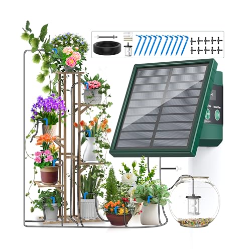 [Contenuto del kit] Il kit per l'impianto di irrigazione solare comprende: pannello solare*1, timer irrigazione*1, gocciolatore*10, tubo dell'acqua*10m, filtro*1, anti-sifone*1, viti*2.