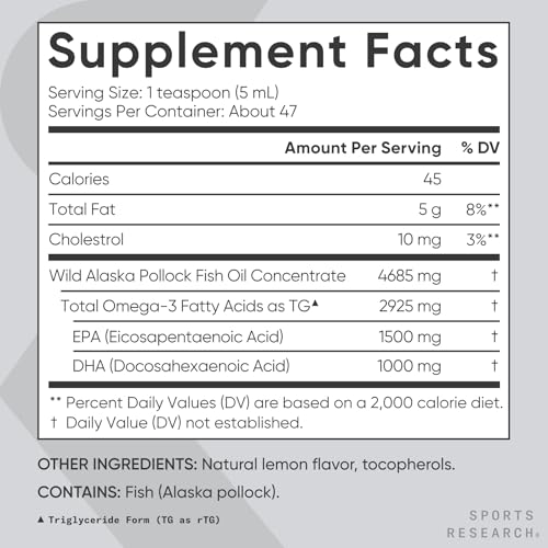Image of Sports Research Omega-3 Fish Oil, 8oz Glass Bottle - 4685mg of Wild Caught Alaska Pollock Fish Oil per Serving - Easy-to-Take Liquid . Lemon Flavor . Non-GMO . MSC Certified Sustainable - 48 Servings