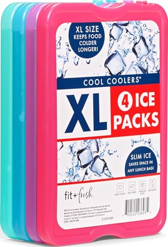 Cool Coolers by Fit & Fresh 4 Pack XL Slim Ice Packs, Quick Freeze Space Saving Reusable Ice Packs for Lunch Boxes or Coolers, Multi
