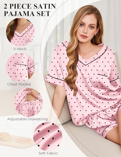 Image of Silk Pajamas for Women Short Sleeve Satin 2 Piece Pj Set Soft V Neck Sleepwear Loungewear, S-XXL