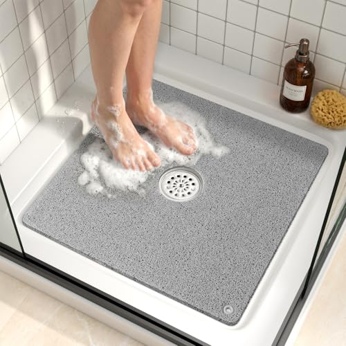 Image of HITSLAM Square Loofah Shower Mat, 21x21 Inch Non Slip Bath Mat, Grey