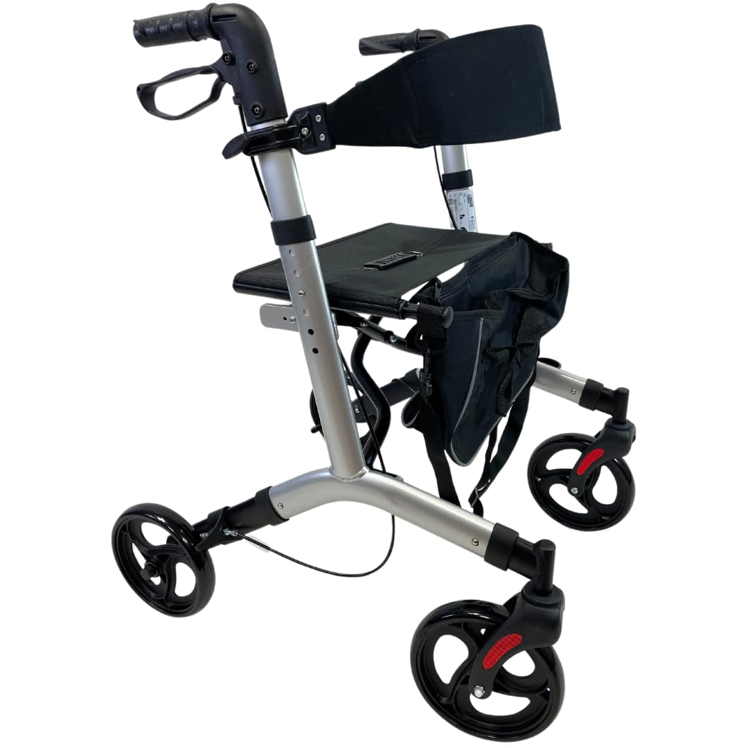 abc HOME Alu Rollator Leichtgewicht 7,3 kg – Klappbarer Reiserollator bis 130 kg – Gehhilfe mit Ankipphilfe, Sitz & Tasche – Höhenverstellbar & Silber/Schwarz