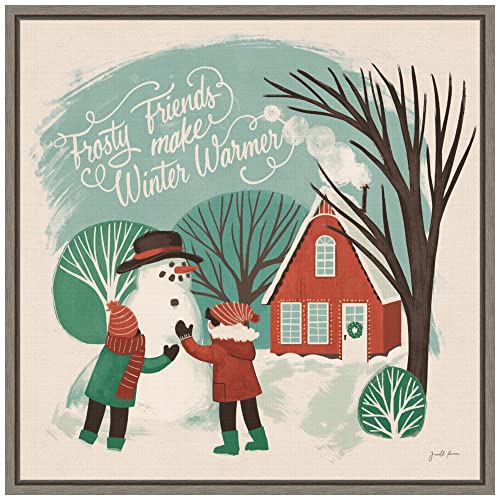 Amanti Art Framed Canvas Wall Art 16x16 Winter Bliss III Snowman by Janelle Penner, Framed Wall Art Canvas, Holidays Artwork, Rustic Farmhouse Decor, Small Poster Painting for Living Room, Bedroom