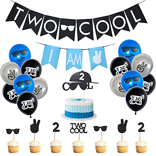 Two Cool Birthday Party Decorations & Supplies - I AM TWO Banner Balloons Cake Topper for Little Mans 2nd Birthday