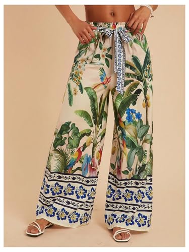 Women's Tropical Printed Wide Leg Pants Boho Elastic Waist Beach Trousers with Belted3