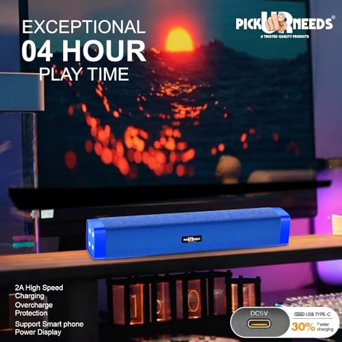 Image of Pick Ur Needs Rechargeable 10W Wireless Bluetooth Soundbar Speaker with 1200mAh Battery, FM Radio, TF Card, USB & AUX Support - 4 Hours Playtime Home & Outdoor Speakers (Blue)