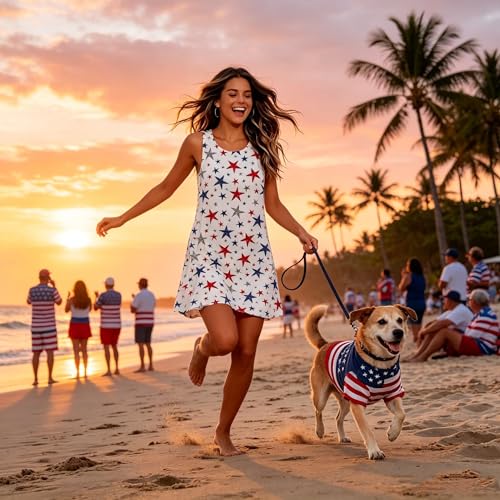 Image of Roshop Womens Juneteenth Flag Sleeveless Dress 4th of July Patriotic Swing Sundress with Pockets