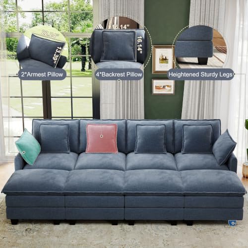 Image of 107 inch Cloud Couch Sectional Modular Sofa, Deep Seat Couches with Ottoman and Removable Washable Pillows for Living Room, Bedroom, Apartment, Blue
