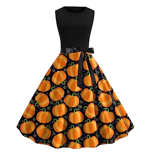 Genérico Vestido trapecio estampado vintage para mujer, cuello redondo, sin mangas, vestido de cóctel, fiesta de graduación, Halloween, redondo, naranja, XXL