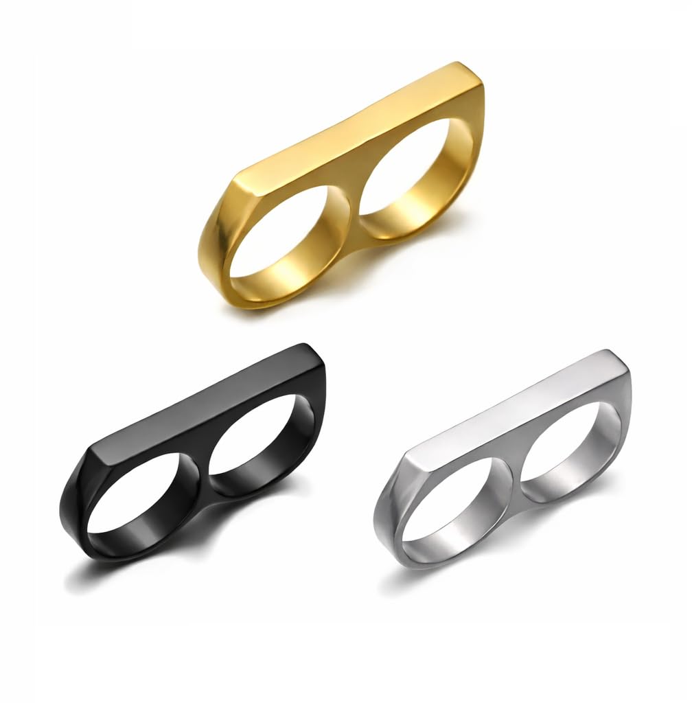 Men’s Double Finger Ring Combo | Stainless Steel Two Finger Ring Set (Gold, Black & Silver) | Minimalist Statement Rings for Men & Boys