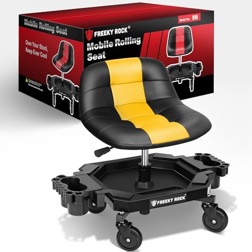 Image of Rolling Stool with Wheels, Adjustable Height Pneumatic Garage Work Mechanic Stool Seat with Backrest, 400 LBS Capacity 360 Swivel Mechanic Crepper Chair with Tool Tray Storage, Yellow