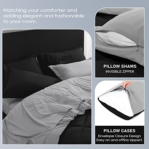 Downluxe Bed In A Bag Queen -7 Pieces Queen Comforter Set With Black And Grey Reversible Comforter, Pillow Shams, Flat Sheet, Fitted Sheet And Pillowcases All Seasons Bedding Comforter Sets #TOP4