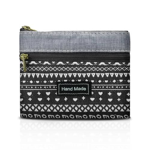 AfitLulu Monedero Pequeña Mujer de Lona, Estilo Bohemio Monederos, Mini Cartera 2 Capas Bolsillos con Cremallera, Portátil Billetera (Negro)