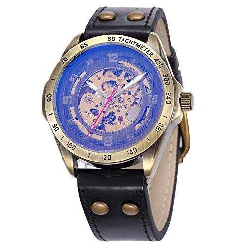 Excellent Mens esquelético del Reloj análogo mecánico de Cuerda automática Auto Reloj de Pulsera con Correa de Cuero,Negro
