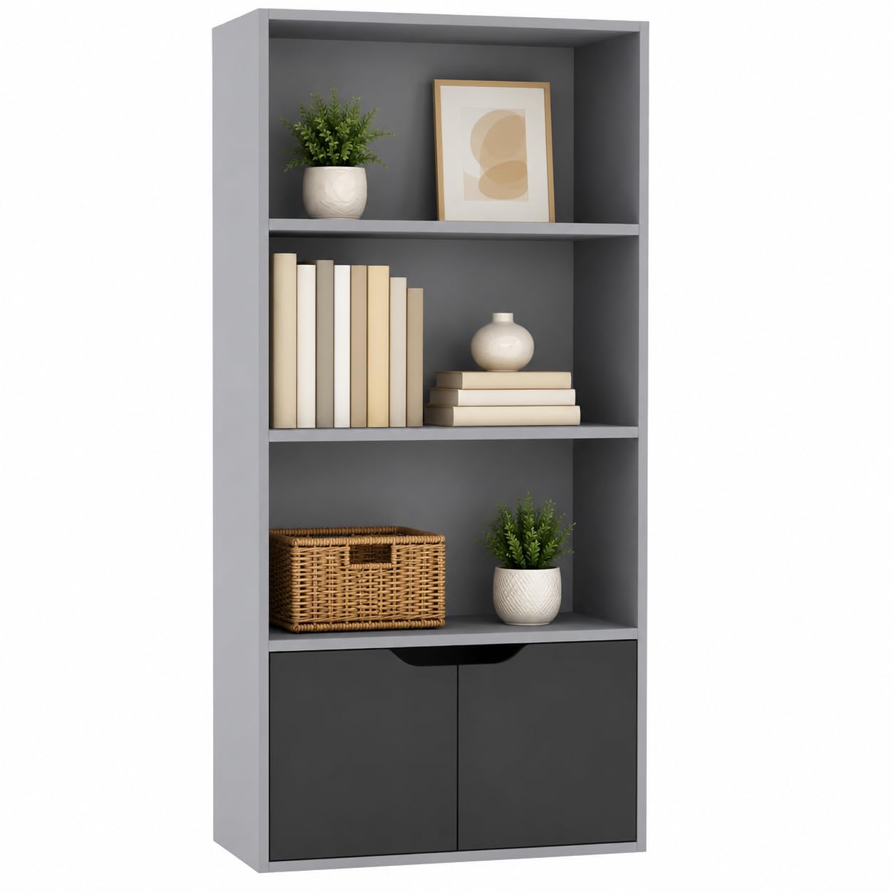 URBNLIVING 4 Tier Wide Wooden Bookcase Cupboard with 2 Doors Storage Shelving Display Shelf Cabinet Unit