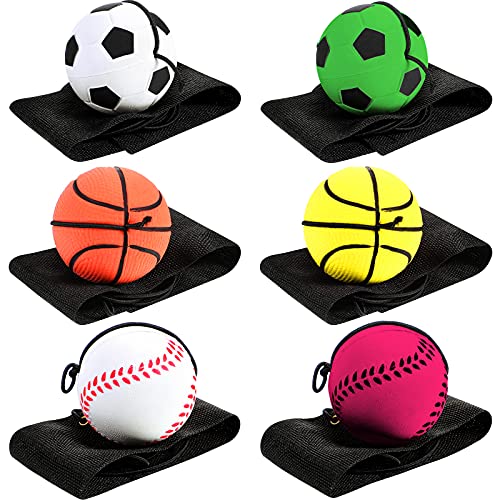Skylety 6 Pcs Wrist Ball Return Ball on a String with Strap Wristband Sports Rubber Toy Includes Basketball Baseball and Football for Boys Girls Party Favor Gifts Exercise or Play(1.85 Inches)