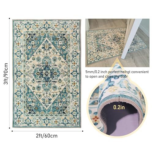 Vintage Washable Bedroom Rug, Foldable Distressed Floral Entryway Rug for Bathroom, Laundry, Living Room, Office (Green/Multi)