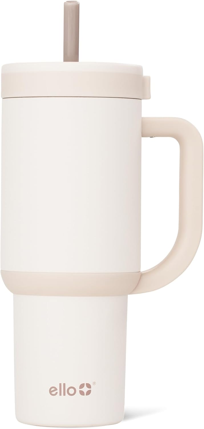 Ello Oasis 24 oz Tumbler with Handle & Retracting Straw | Reusable Insulated Stainless Steel Cup 100% Leakproof, Gifts for Teens Women Men | Keeps cold for 24 Hours, Cup Holder Friendly, Cream Tonal