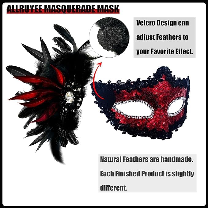Allruyee 2025 New Masquerade Mask for Couple - Masquerade Mask Women with Feathers & Venetian Mask Men for Mardi Gras Party(Red) - Image 2