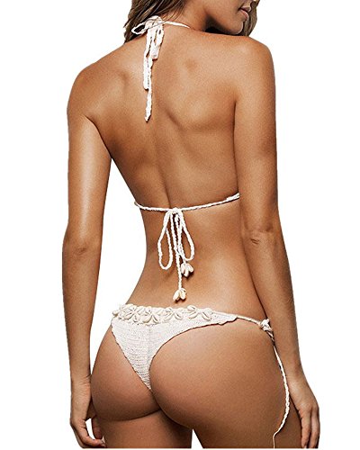 Women's Handmade Knitted Seashell Triangle Halter Bralette Cheeky Sexy Crochet Bikini Set White - Image 3