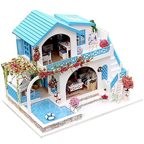 moin moin 1/24 ドールハウス ミニチュア 手作りキット セット 英語説明書 海辺 の プール のある 青い屋根 の 家 海 バラ ローズ ストライプ 犬 | LEDライト + アクリルケース 2108DH281のサムネイル