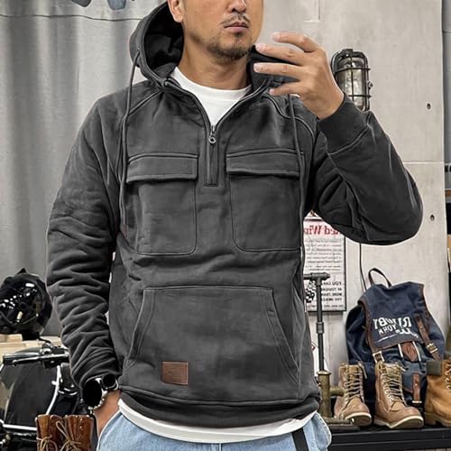 1/4 Zip Pullover Mens Hoodies Workwear Solid Color Casual Sweatshirt Heavyweight Fleece Lined Cargo Hooded Sweatshirt3