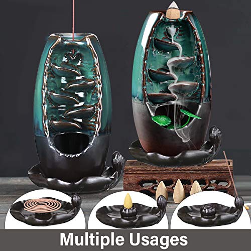 Jeteven Ceramic Backflow Incense Holder Waterfall Incense Burner with 120pcs Incense Cone, 30 × Incense Sticks, 10 × Round Incense Sticks, 1×Mat, 1× Incense Plate, 1× Lotus Leaf, 1× Tweezers (Blue) - Thumbnail 6