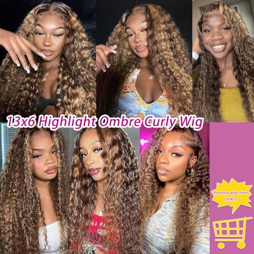 Image of LAINSS Highlight Ombre 13x6 Deep Wave Front Wigs Human Hair 20 Inch