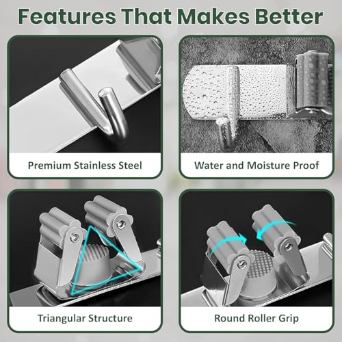 Image of JD FRESH 2 Slot & 1 Hook Stainless Steel Mop & Broom Holder Wall Mount /No Drill Sticky Anti Slip Waterproof Self Adhesive Broom Hanger Stand Organizer for Kitchen, Garden, Office, Garage (Silver)