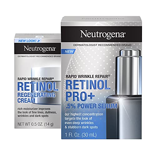 Neutrogena Anti-Aging Rapid Wrinkle Repair Retinol Regenerating Cream, 0.5 Oz Mini, & Neutrogena Anti-Aging Rapid Wrinkle Repair Retinol Pro+ 0.5% Power Serum, Travel Size 1 Fl. Oz