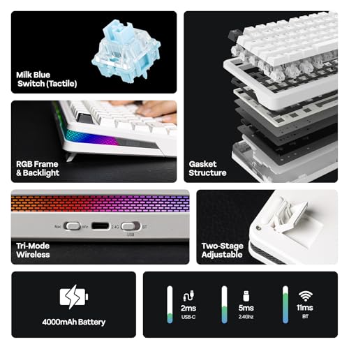Image of EPOMAKER TH85 QMK /VIA Wireless Gaming Keyboard, BT5.0 /2.4GHz /USB-C, Hot Swappable Pre-lubed Custom Milk Blue Tactile Switches, Gasket Creamy Keyboard for PC /Mac /Office /Gaming (White)