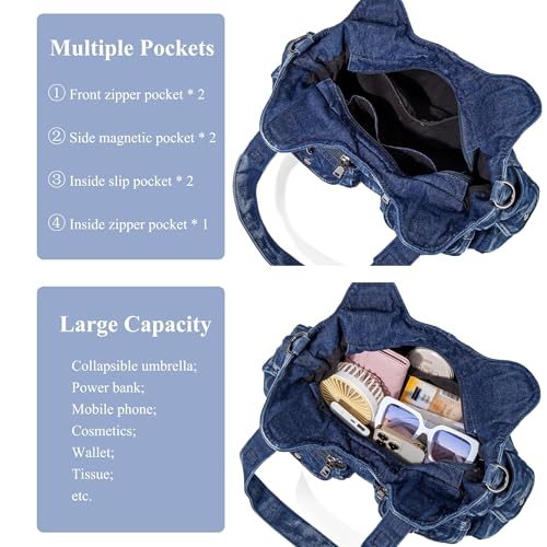 Image of Designer Denim Handbags for Women Hobo Tote Bag Crossbody Denim Purses Blue Jean Shoulder Bag