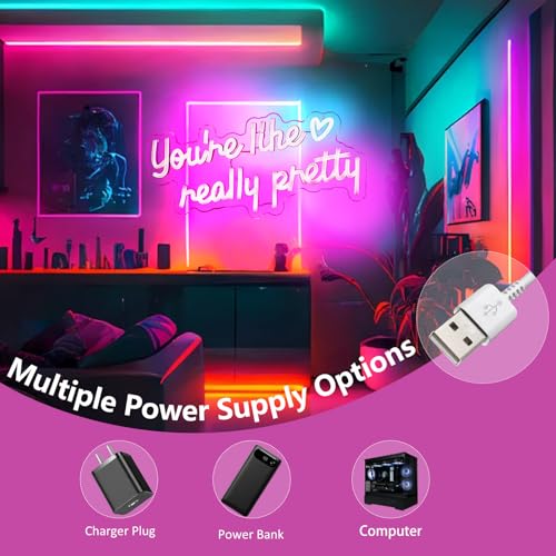 Image of KHK You're Like Really Pretty Neon Sign Led Neon Lights Pink Neon Sign for Bedroom Led Sign USB Powered Neon Signs for Wall Decor Dimmable for Christmas Thanksgiving Birthday Party Girls Gifts