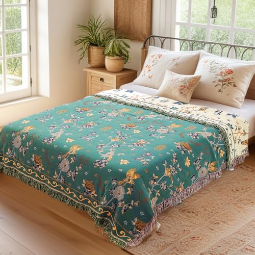 Image of VANJOROY Boho 100% Cotton Large Throw Blanket King - All Season Rustic Ultra Soft Breathable Floral Bird Blanket for Bed Sofa Couch Chair Bedspread Quilt Gift, 91 inch x 108 inch-Teal /Beige