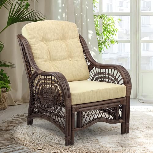 Malibu Lounge Living Accent Armchair Natural Rattan Wicker Handmade Design, Dark Brown Color with Cream Cushion