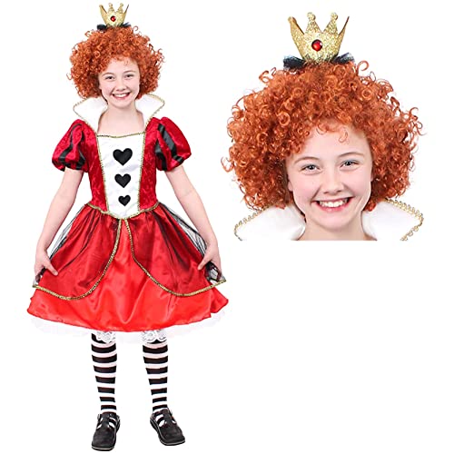 Disfraz de reina de corazones para niños, grande, vestido rojo y blanco con detalles dorados, corona en la diadema, peluca rizada de jengibre, disfraz para niñas del Día Mundial del Libro