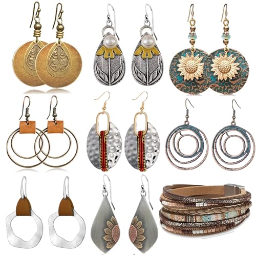 9 Pairs Boho Earrings for Women Vintage Jewelry Set Teardrop Sunflower Dangle Earrings with Leather Wrap Bracelets Christmas Gifts