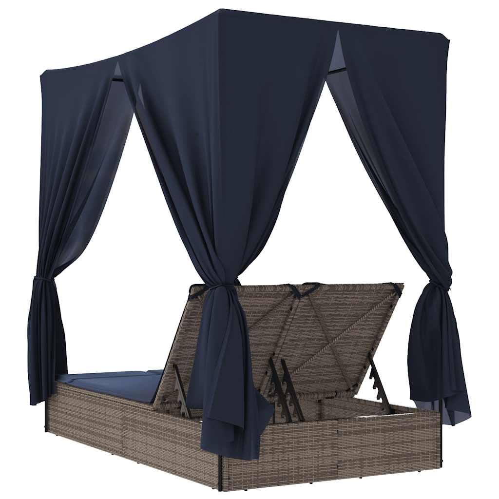 Chaise longue de jardin double avec toit et rideaux en polyrotin gris, dossier réglable, résistant aux intempéries, avec rembourrage et coussin, idéal pour terrasse, balcon, piscine, chaise