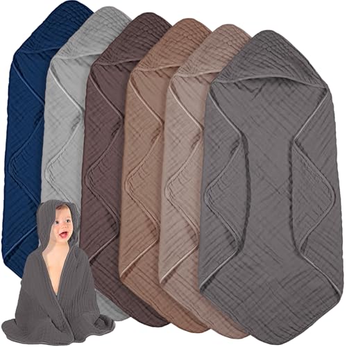 Image of Peryiter 6 Pcs Muslin Hooded Baby Towels 32 x 32 Inch Cotton Newborn Bath Essentials Muslin Infant Blankets Absorbent Registry Gifts for Girl Boy Kids Baby Shower (Gray Series)