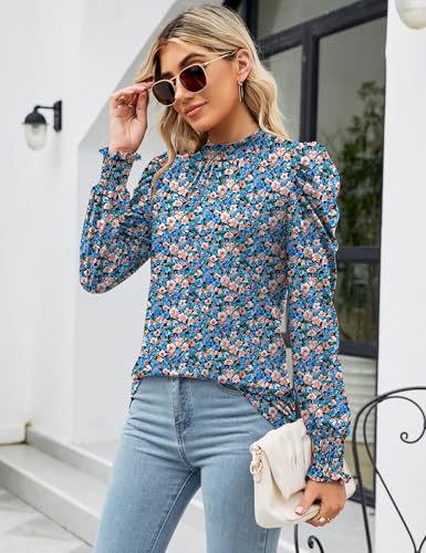 Image of LUYAA Puff Long Sleeve Shirts for Women Tops Dressy Casual Frill Mock Neck Smocked Cuffs Blouses