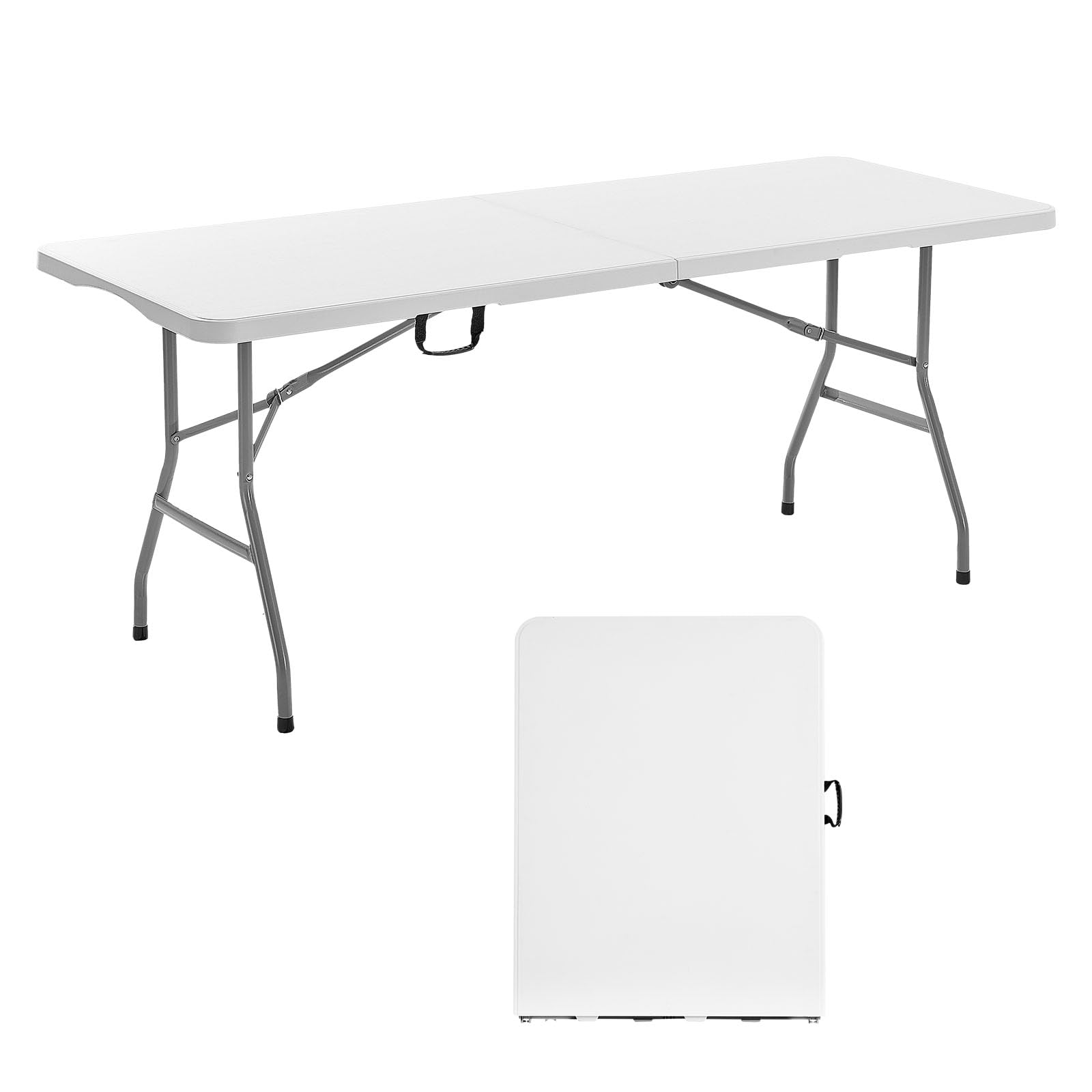 VEVOR Folding Table, 6 Ft Heavy Duty Portable Fold-in-Half Utility Table, Indoor Outdoor Plastic Rectangle Table with Built in Handle, for Party, Dining, Wedding, Events, Picnic, Camping, White