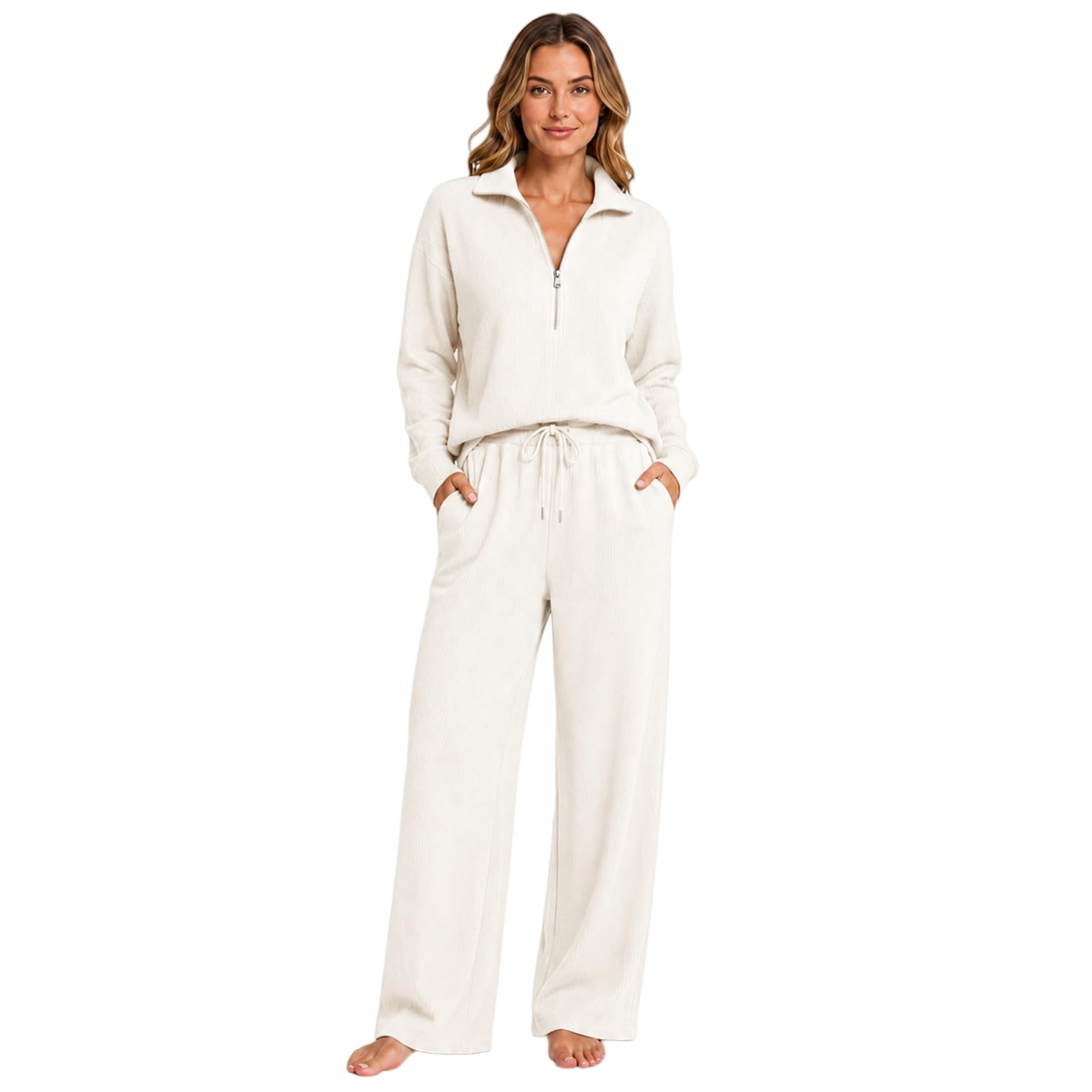 2-teiliges Lounge-Set für Damen, halber Reißverschluss und Hose mit weitem