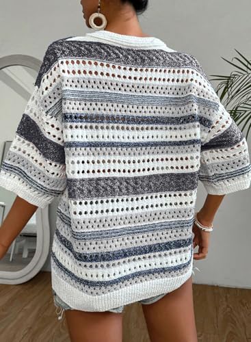 Image of Acelitt Crochet Tops for Women Summer Short Sleeve Sweater | Boho Striped Knit Top, 3 /4 Sleeve, Hollow Out Oversized Sweaters, Lightweight Blouses, Spring Fall Outfits for Beach Vacation