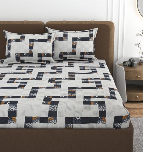 Image of VOMZER 320 TC Cotton Feel All Around Elastic Fitted Bedsheets King Size, Premium Fitted Bedsheets King Size for Double Bed with 2 Pillow Covers, Size- 78 inch x 72 inch (White Lines)