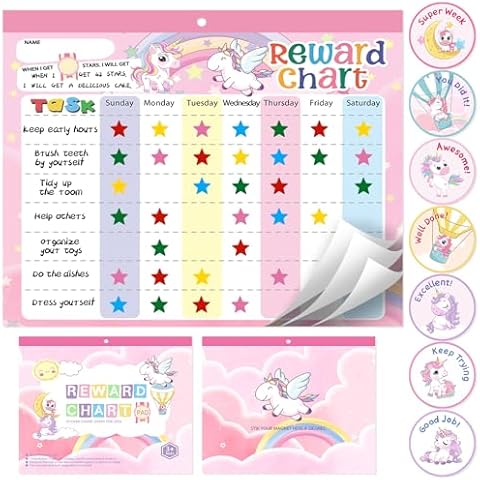Magnetic Reward Chart for Kids at Home, Behavior Chart Pad with 26 Chore Charts, 1680 Star Stickers, 84 Motivational Stickers to Develop Responsibility & Good Habits (Unicorn) Cover